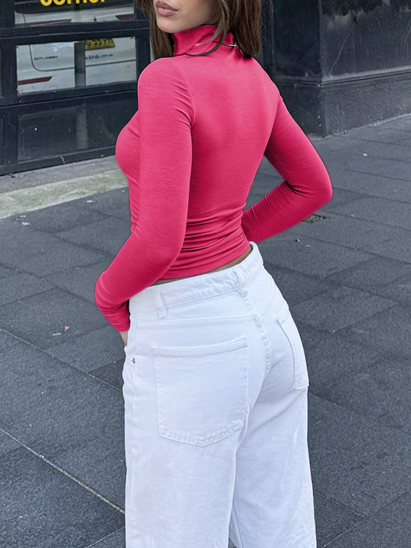 Women's Pink Turtleneck Long Sleeve Ruched Crop Top