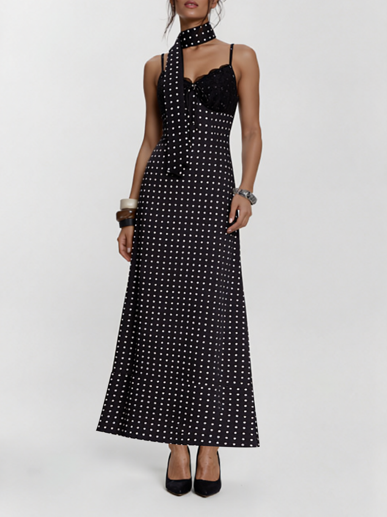 Woman's Polka Dot Lace Cami Maxi Dress with Neck Tie