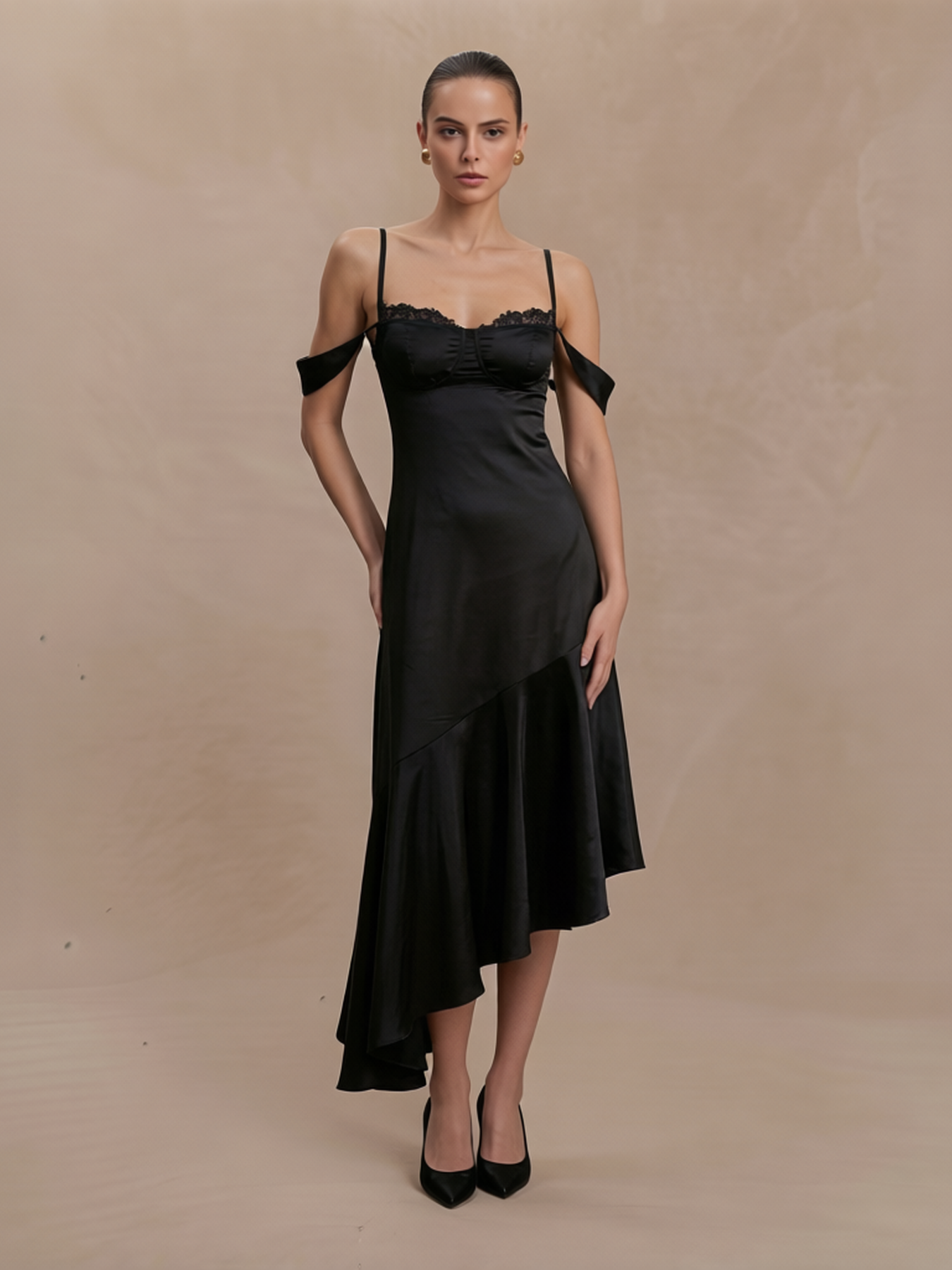 Satin Asymmetrical Midi Dress with Lace Trim
