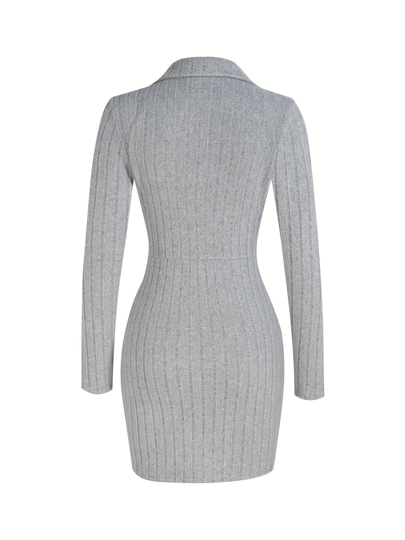 Woman's Gray Collared Wrap V-Neck Long Sleeve Ribbed Bodycon Mini Dress