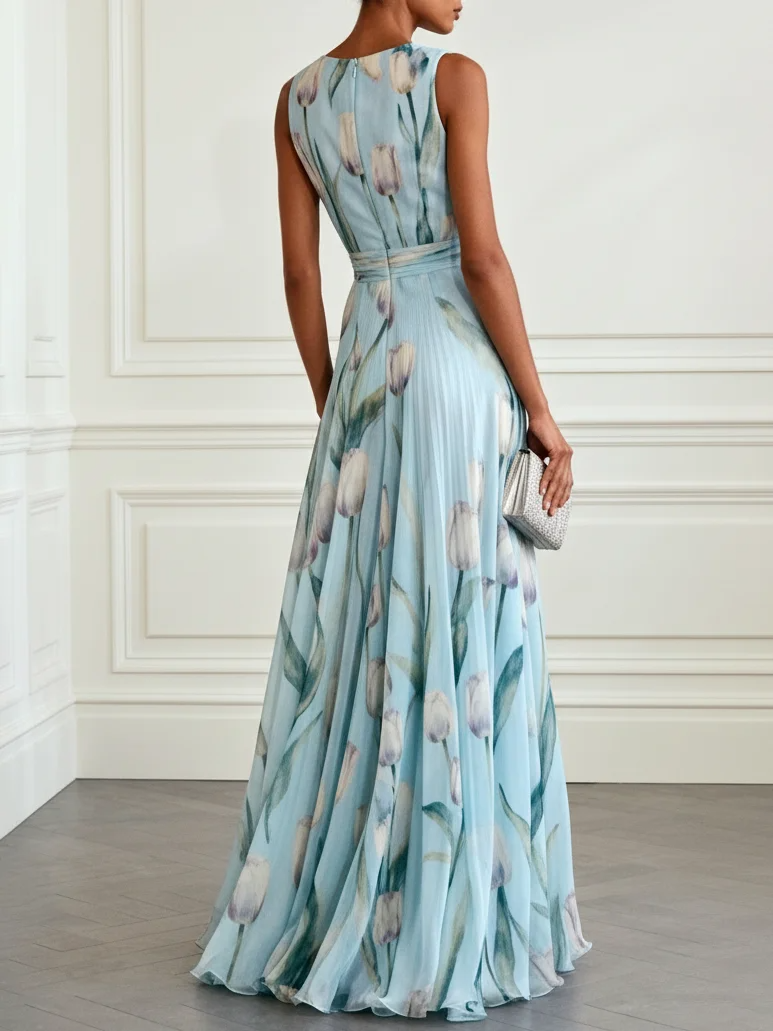 V-Neck Sleeveless Tulip Print Ruched Waist Flowy Maxi Dress