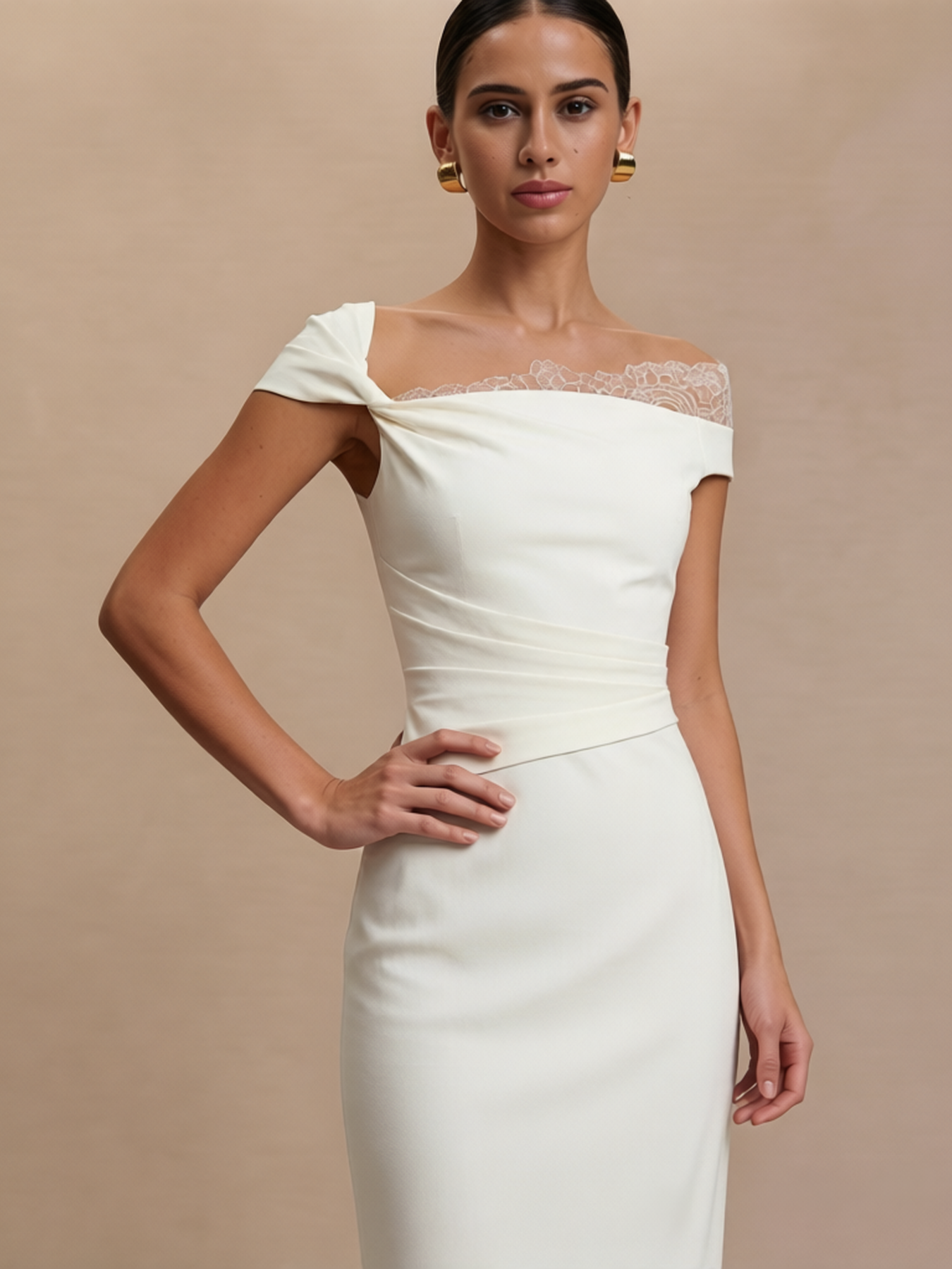 Asymmetric Off Shoulder Lace Trim Midi Dress