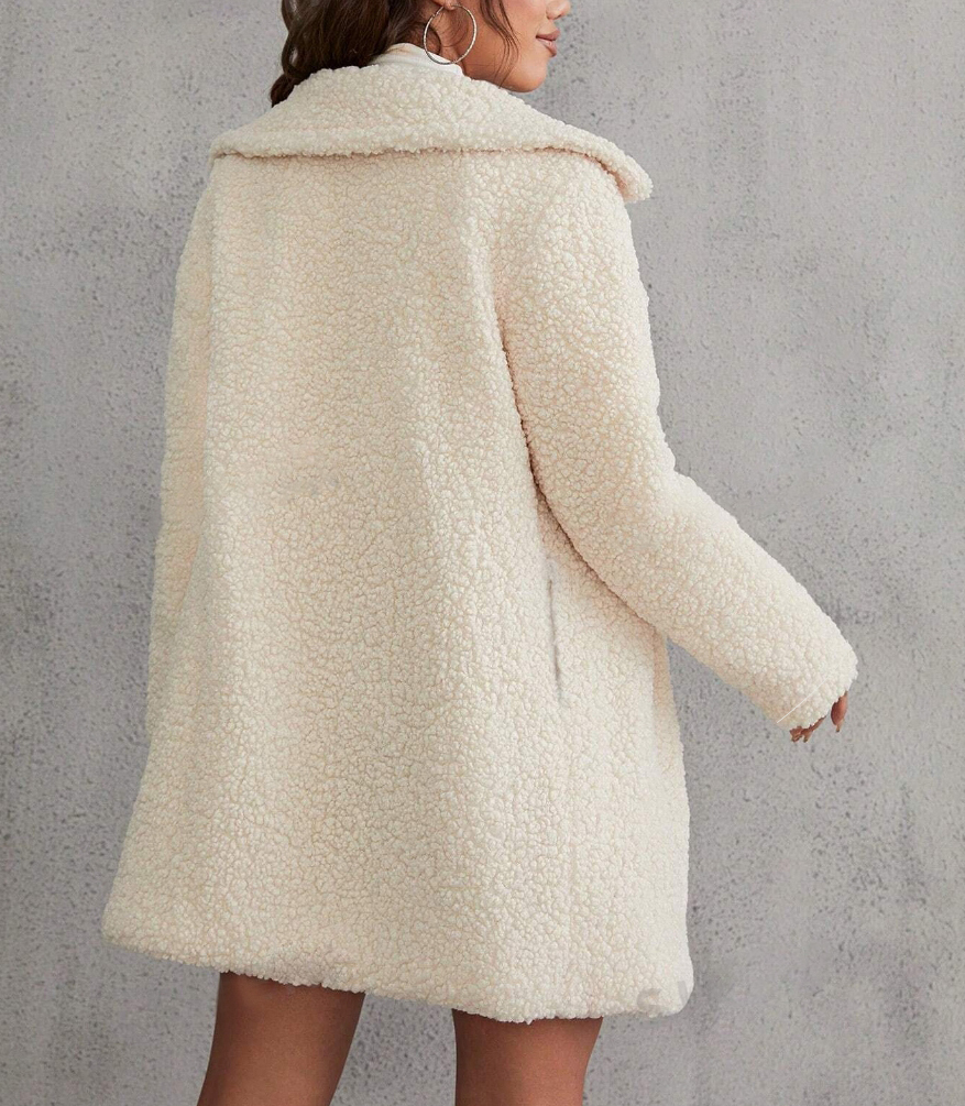 Women's Cream Teddy Fleece Lapel Long Coat