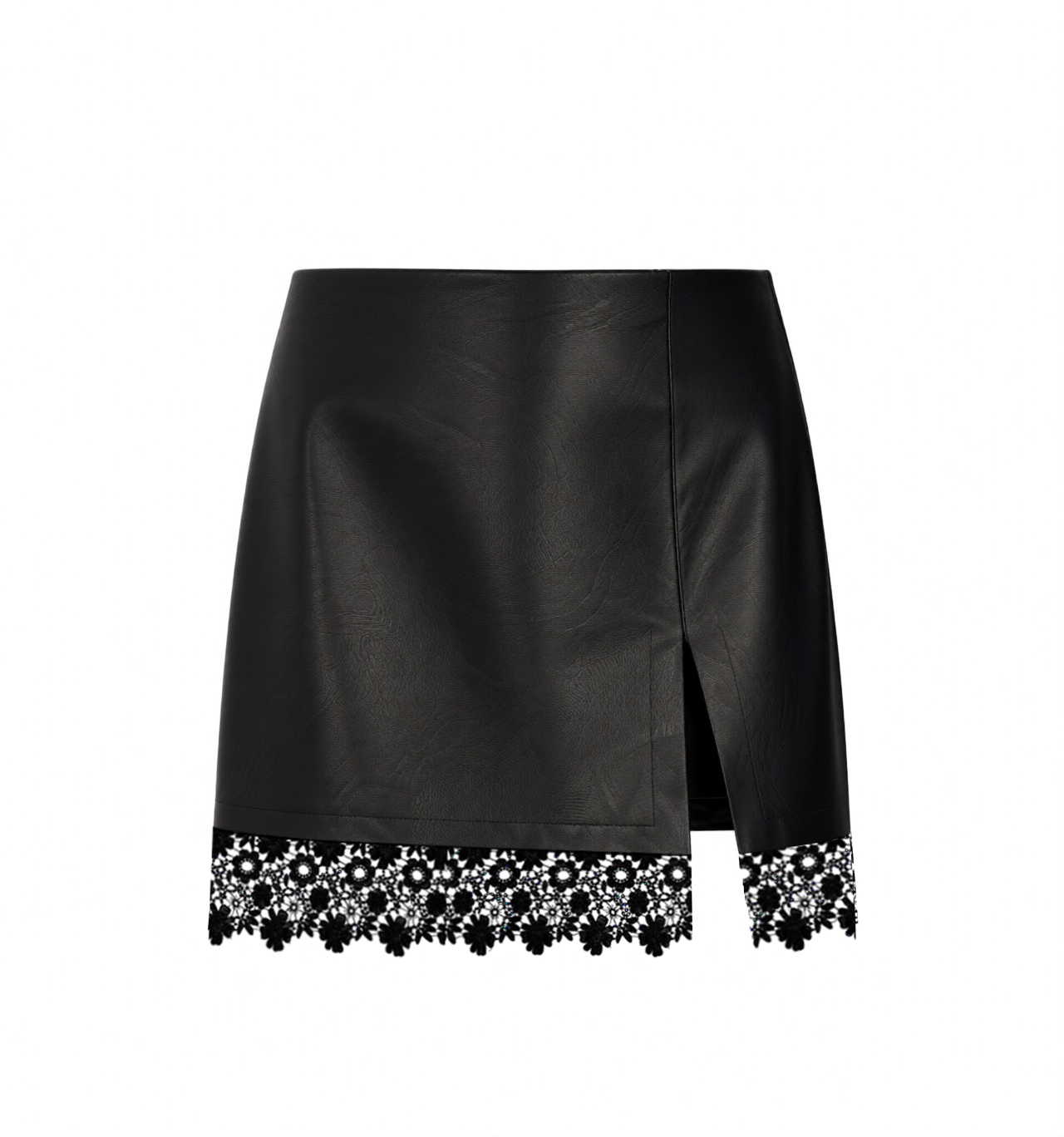 2026 Spring Summer Sexy Office Bodycon Mini Skirt - Asymmetrical Slit with Lace Splicing in Faux Leather-Aetheryn