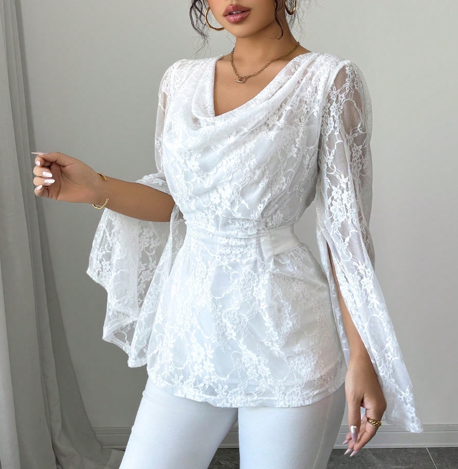 Women's White Lace Cowl Neck Bell Sleeve Peplum Top