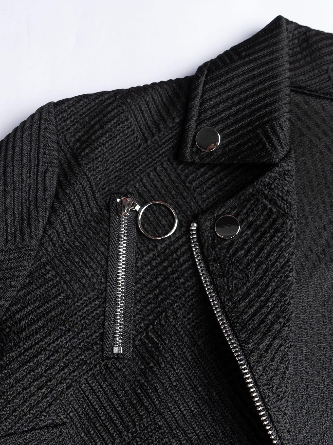 Black Textured Biker Jacket with Metallic Zippers & Edgy Details