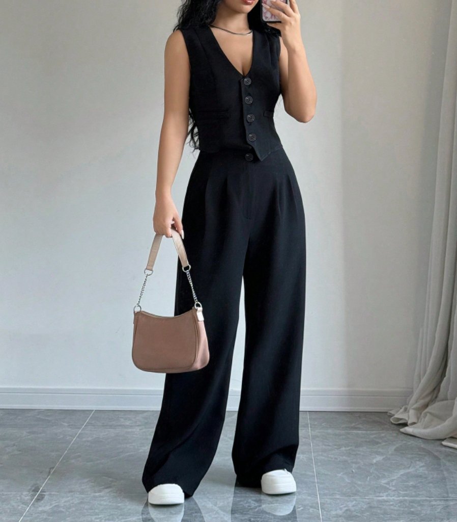 Women's Black Button-Front Vest and Wide-Leg Pants Set
