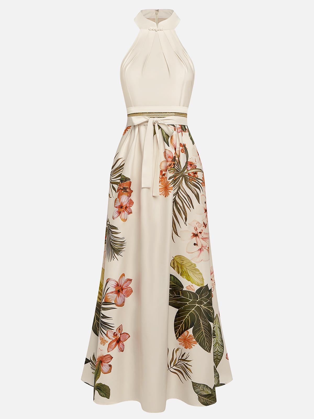 Halter Knot Tropical Floral Print Waist-Cinched Flowy Maxi Dress 