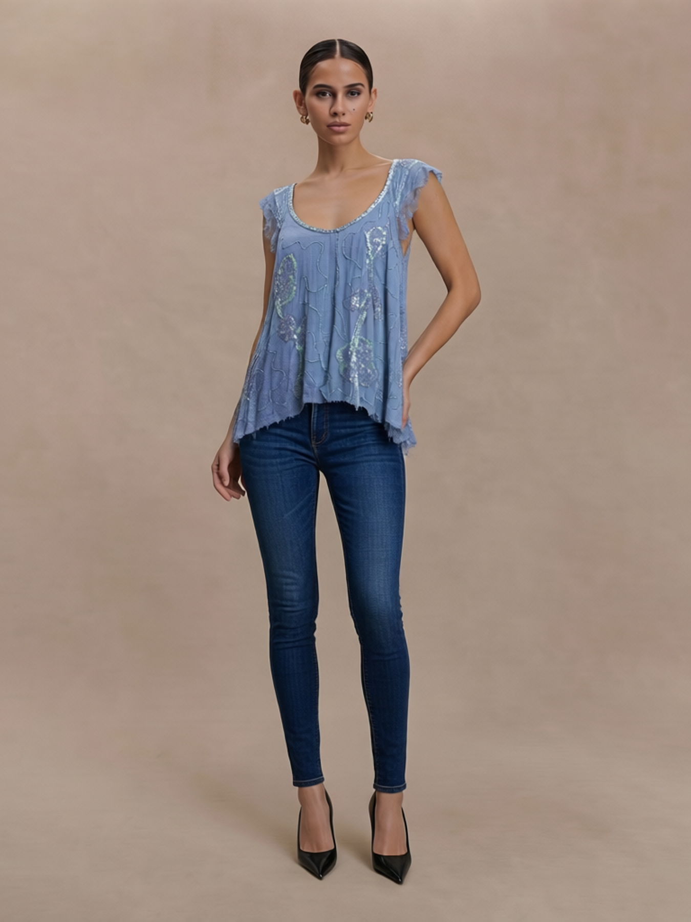 Sequin Floral Embroidered Flutter Sleeve Blouse