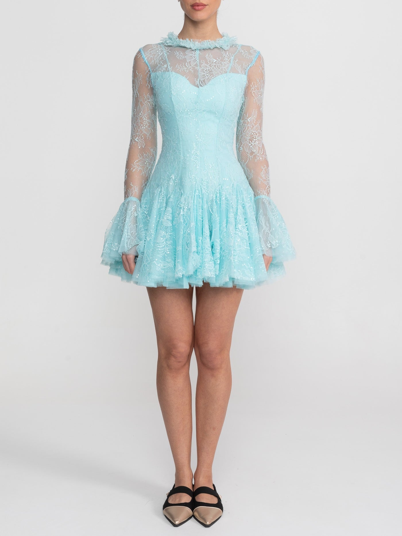 Women's Vintage Lace Tiered Mini Dress - Long Bell Sleeves & Sheer Mesh Neckline