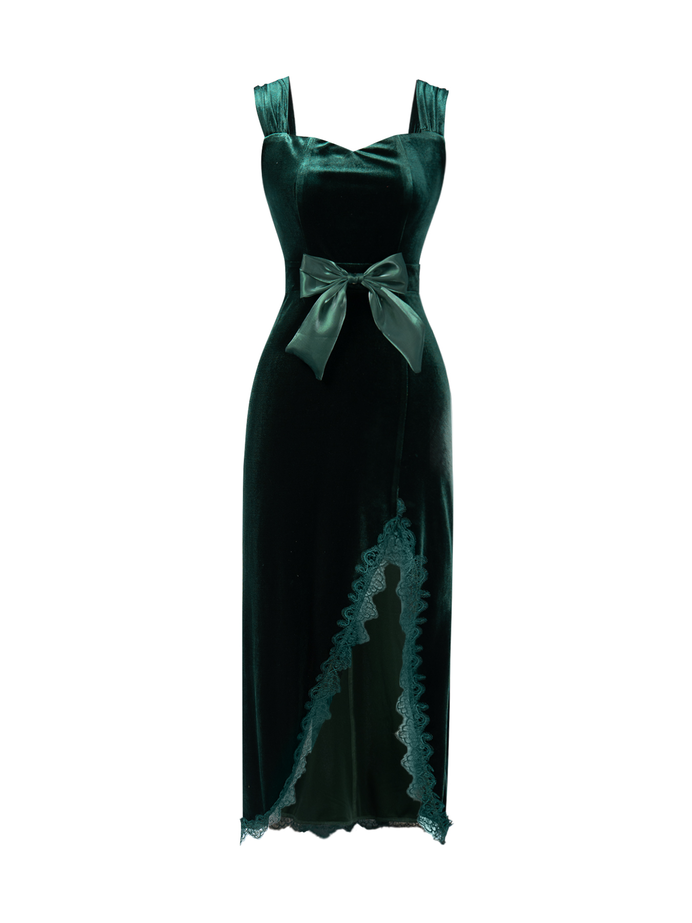Woman's Dark Green Velvet Square Neck Bow Belt Lace Slit Maxi Dress
