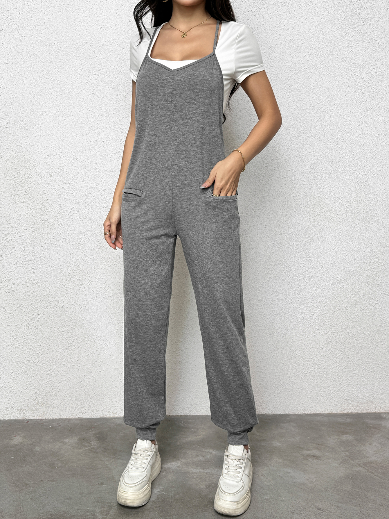 Women's Gray Strappy Pocketed Jumpsuit