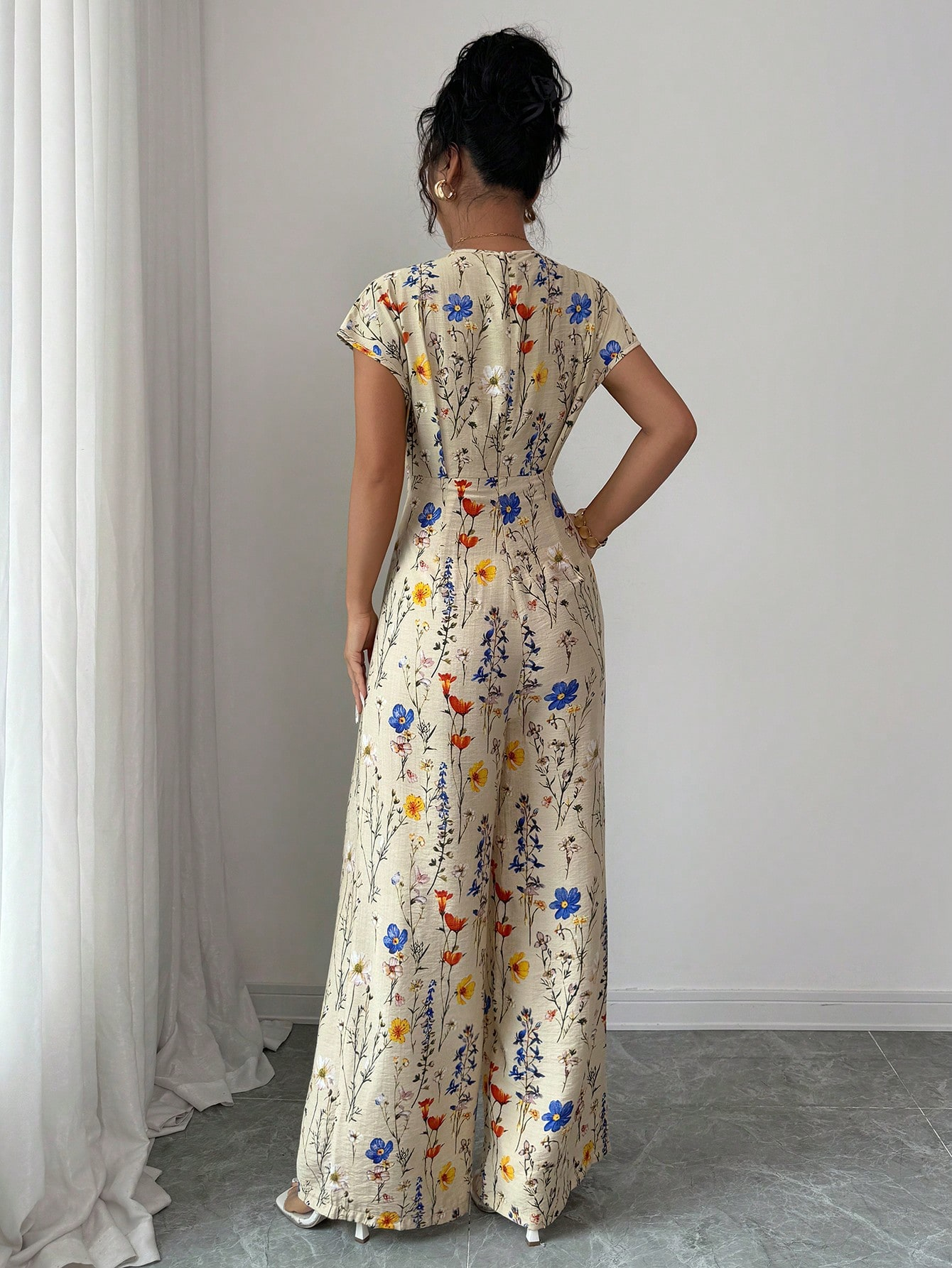 Vacation V-Neck Waist Cinching Apricot Printed Jumpsuit