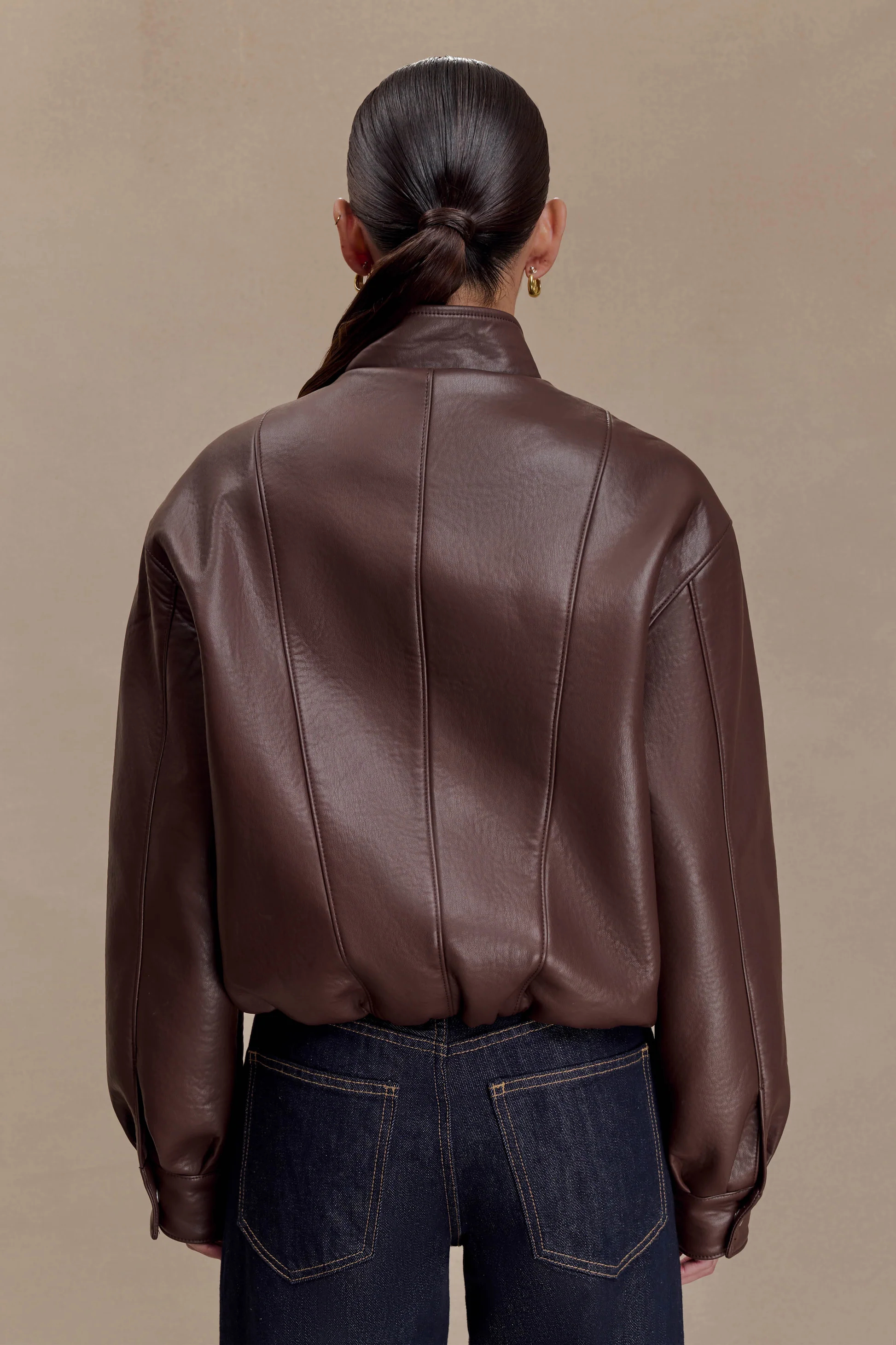 Woman's Vintage Relaxed Fit Stand Collar Short Leather Jacket : Oversized Genuine Leather Bomber