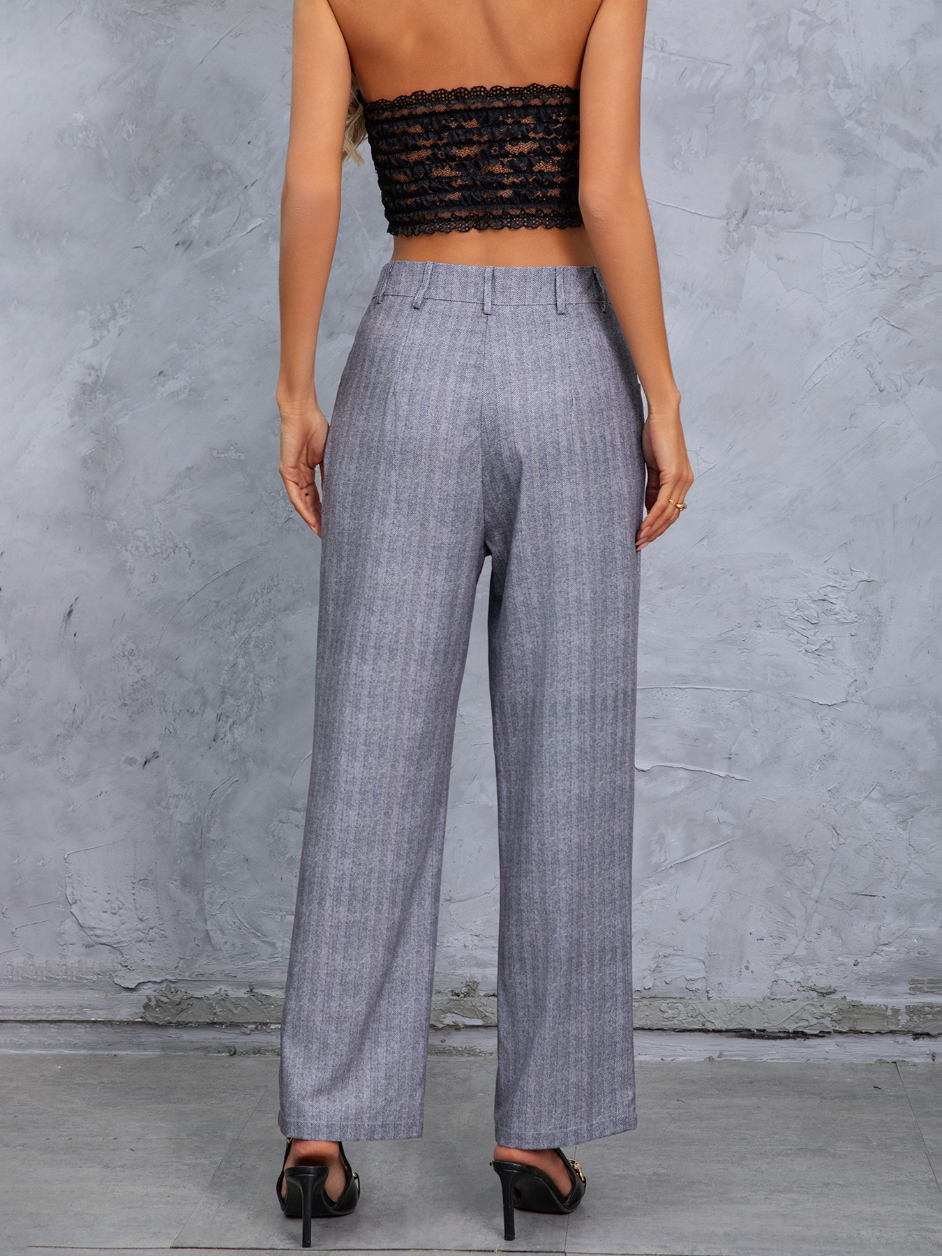 Women's Gray Pinstripe High-Waisted Wide-Leg Trousers
