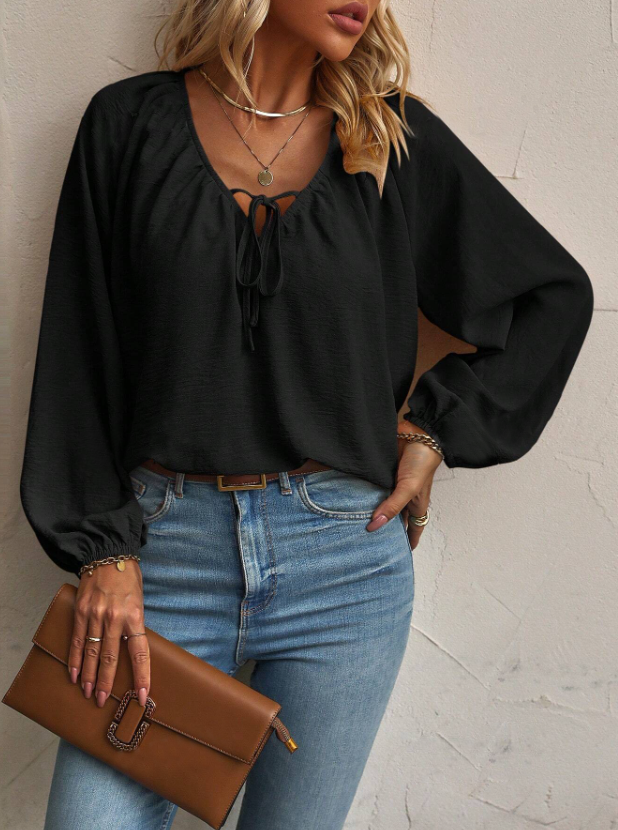 Women's Black Tie Front V - Neck Lantern Sleeve Blouse