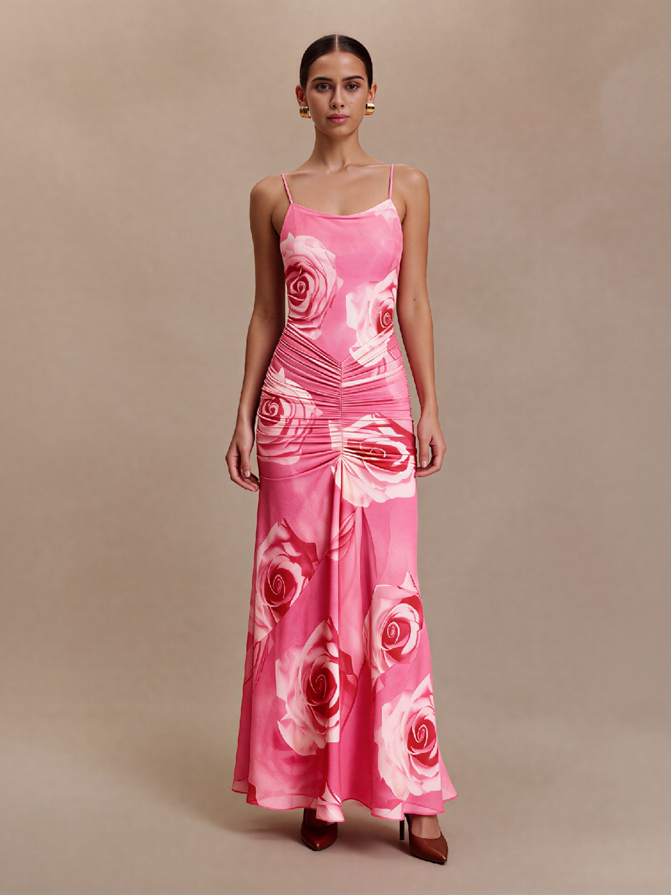 2026 Spring Summer Show-Stopping Magenta Rose Print Maxi Dress - Criss-Cross Open Back & Gathered Waist