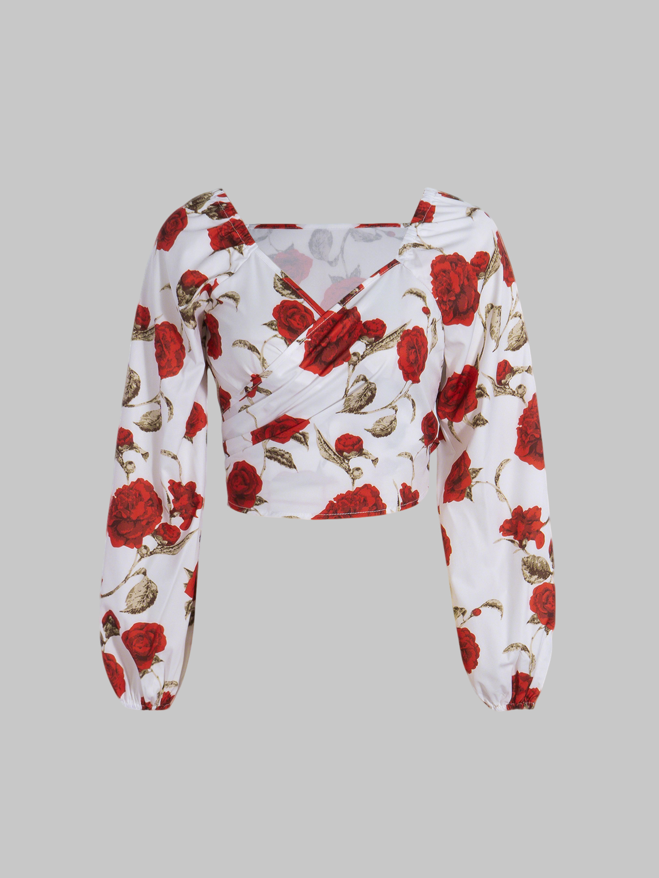 Women's Off-Shoulder Rose Print Long Sleeve Crop Top