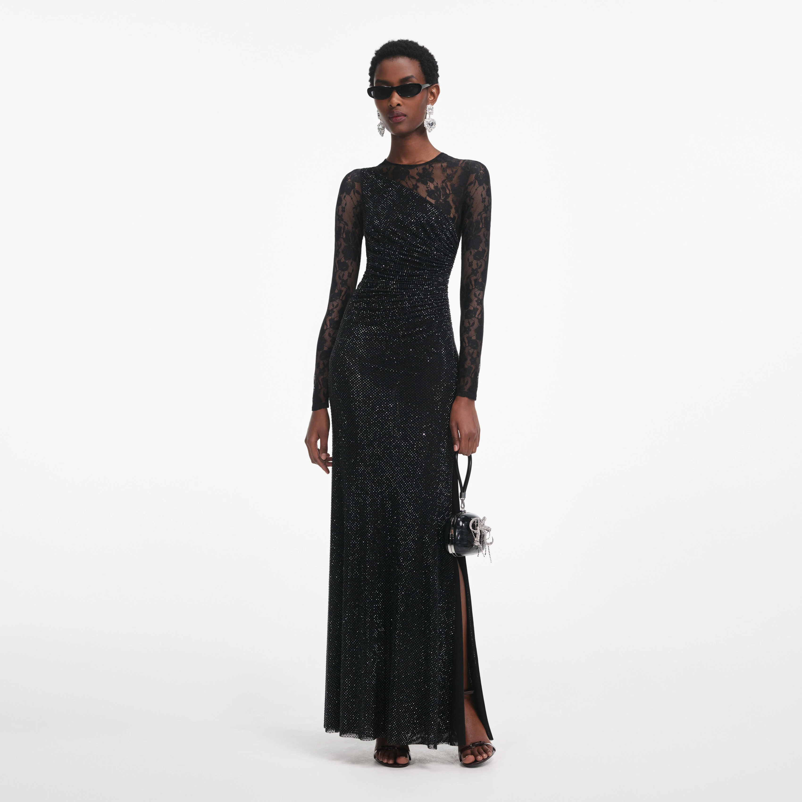 Woman's Light Luxury Sparkle Black Rhinestone Dress: Lace-Sleeve Ruched Slit Maxi Dress