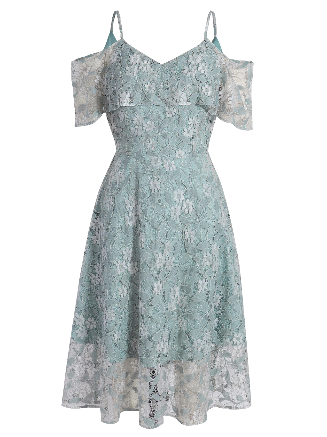 Women's Mint Green Lace Cold-Shoulder Spaghetti Strap Midi Dress