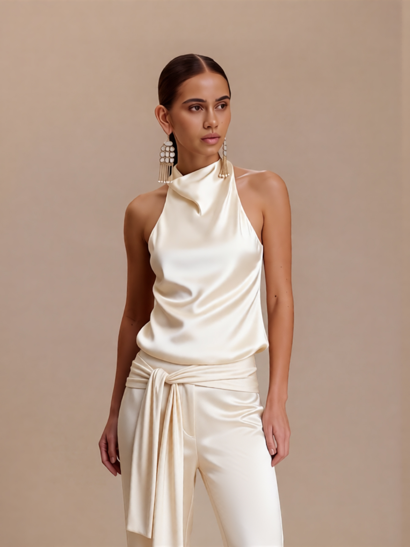 2026 Spring Summer Light Luxury Dinner Style Satin Halter Backless Jumpsuit : Metal Chain Decor Waist Tie Wide-Leg One-Piece