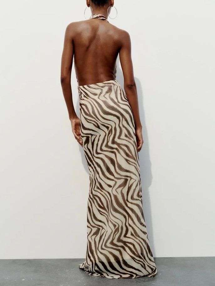 Zebra Print Halter Plunging Cowl Neck Maxi Dress