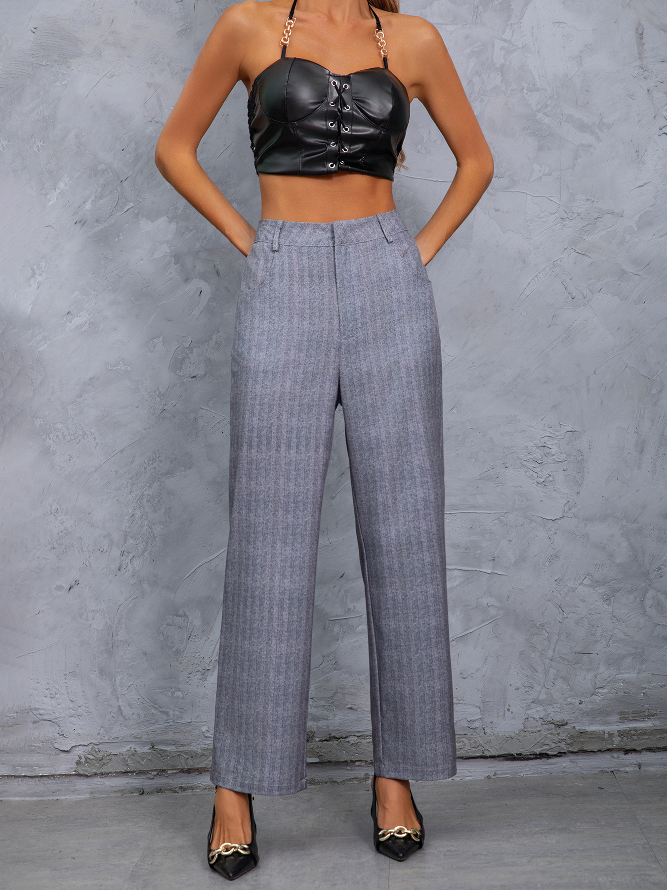 Women's Gray Pinstripe High-Waisted Wide-Leg Trousers