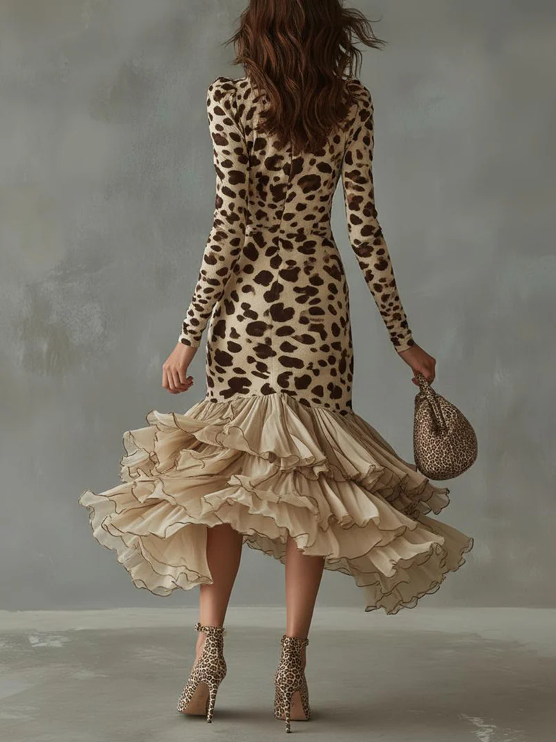 Woman's Leopard Print Deep V Long Sleeve Asymmetric Ruffled Midi Dress