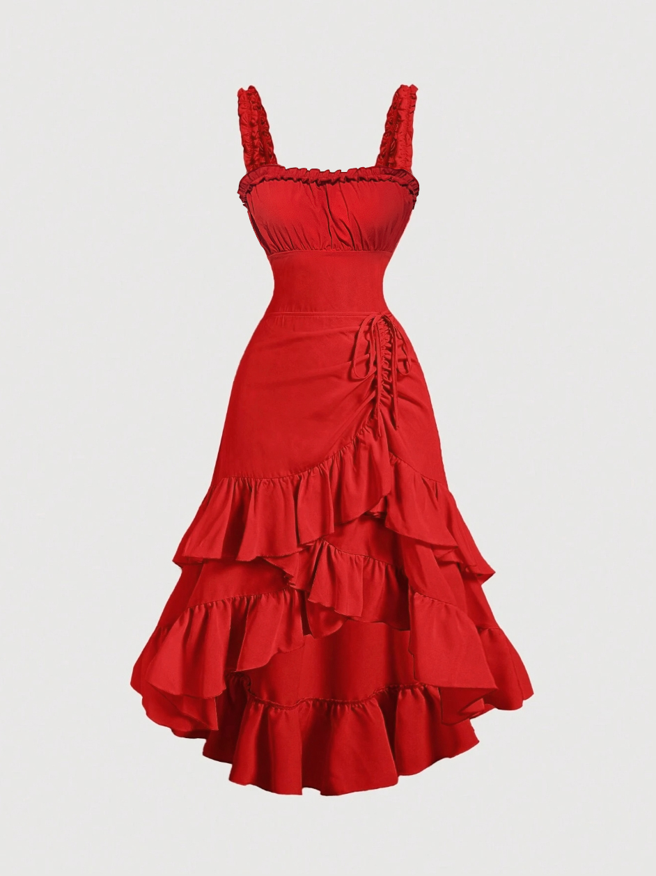 Red Ruffled High-Low Hem Cami Dress