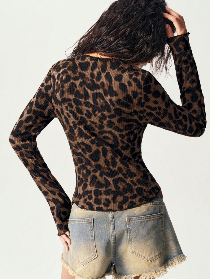 Leopard Print Lace Trim Button Front Cardigan