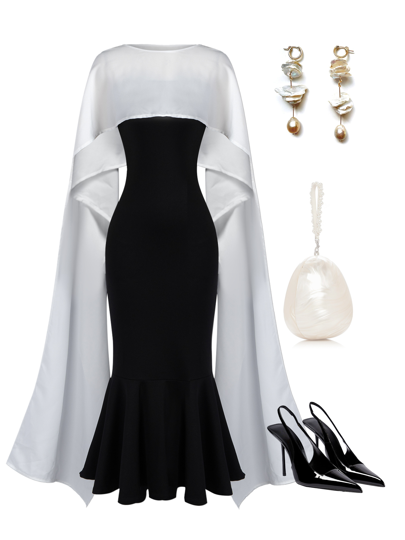Woman's Black & White Cape Overlay Mermaid Maxi Dress