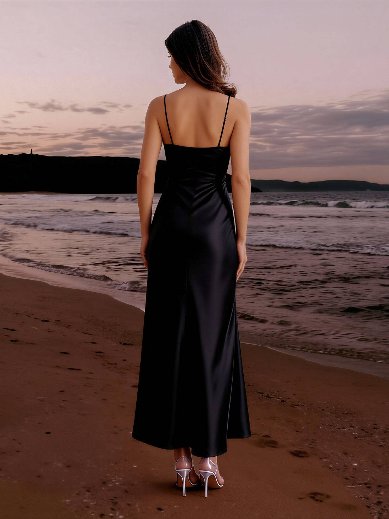 2026 Spring Summer Black Satin Slit Evening Gown - Sexy Lace Splicing Strappy Maxi Dress