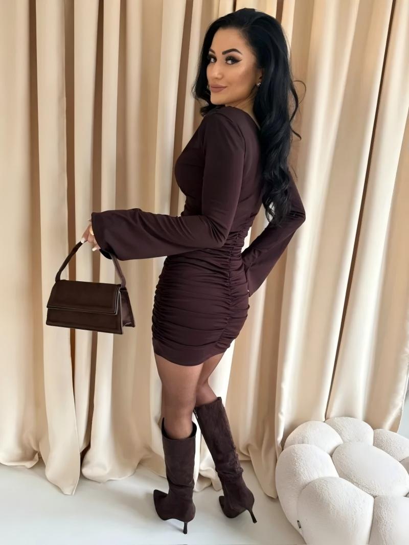 Woman's V-Neck Long Flared Sleeve Ruched Bodycon Mini Dress