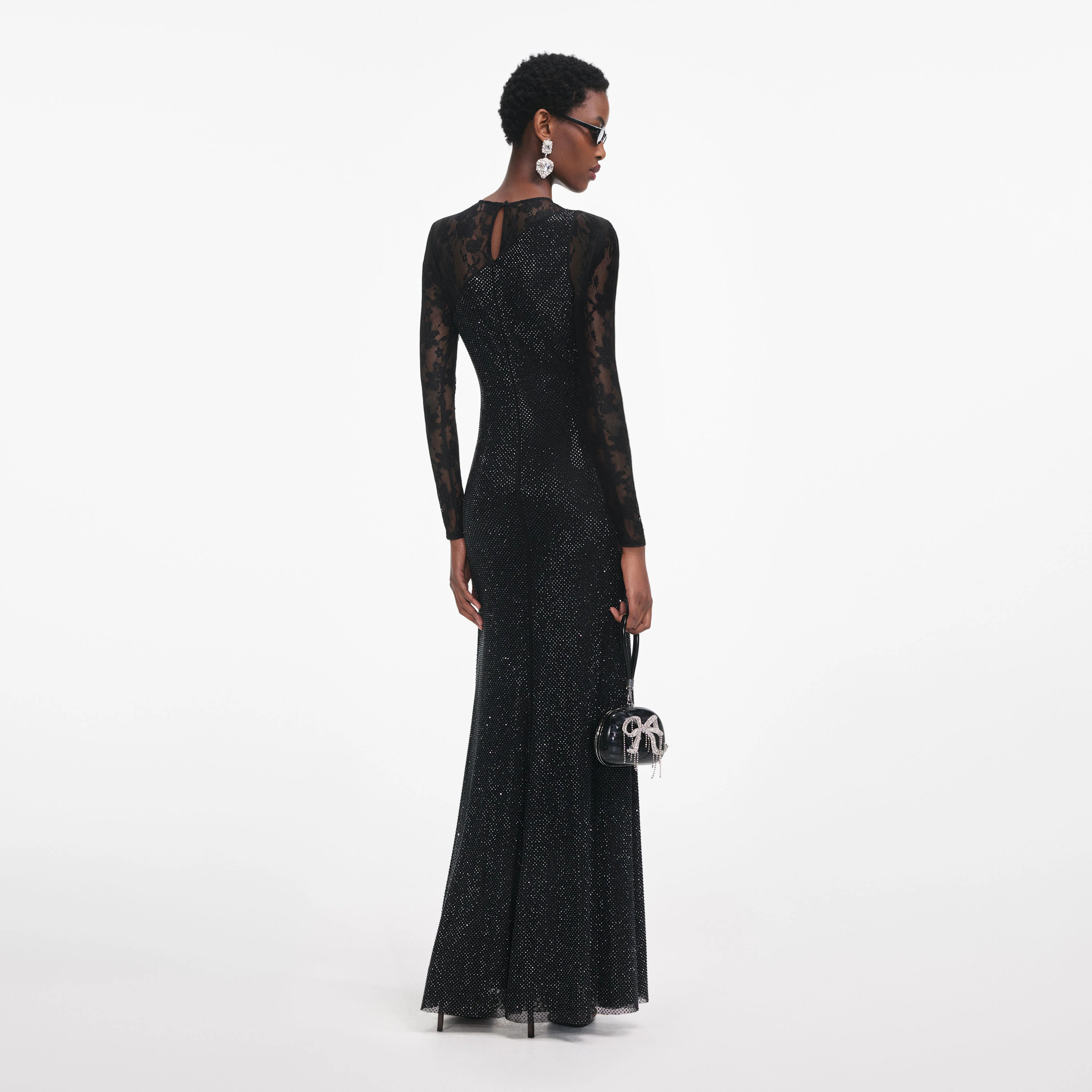 Woman's Light Luxury Sparkle Black Rhinestone Dress: Lace-Sleeve Ruched Slit Maxi Dress