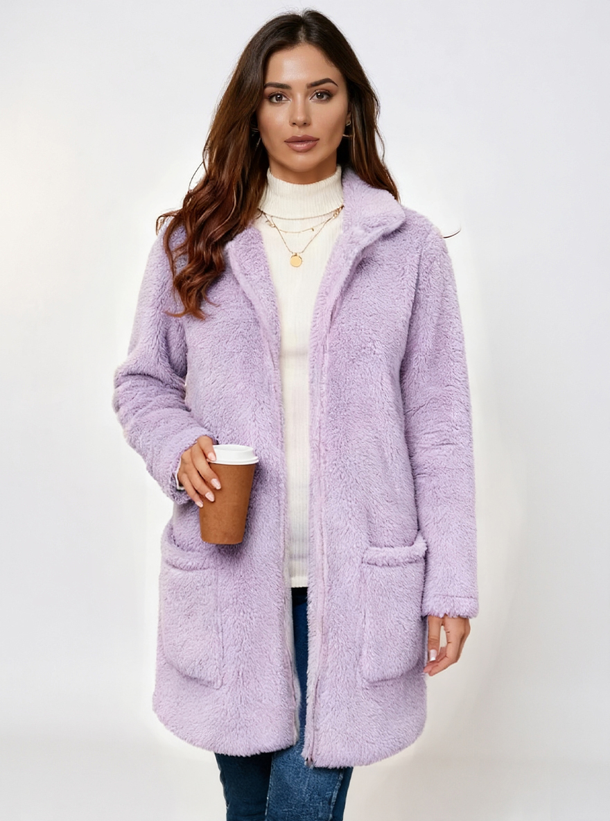 Women's Gray Fleece Zip-Up Longline Teddy Coat