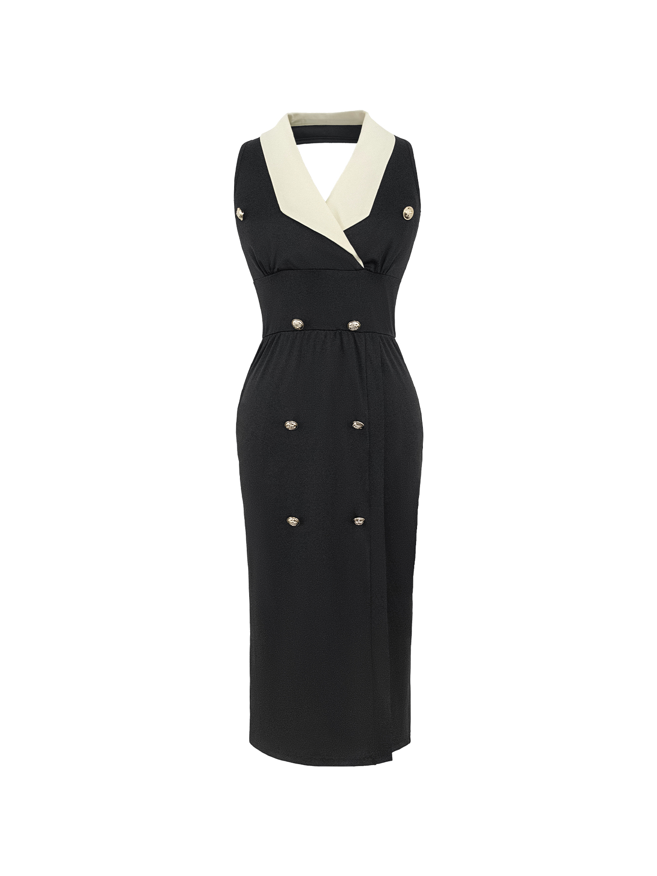 Women's Black Contrast Collar Double-Breasted Midi Dress