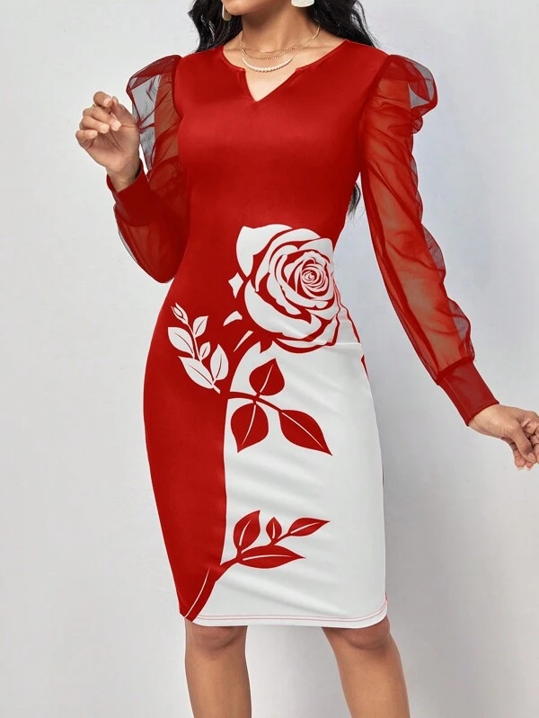 Women's Red and White Rose Print Mesh Long Sleeve Bodycon Dress
