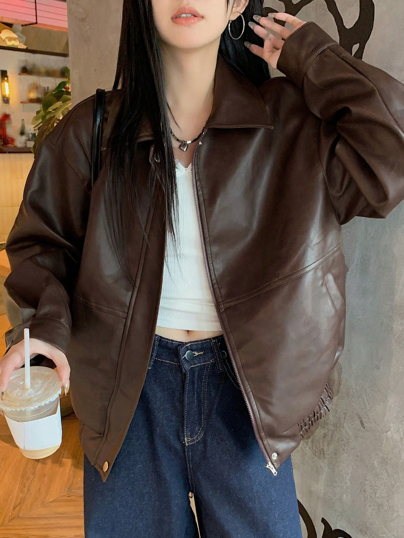 Woman's PU leather loose casual jacket with front zipper