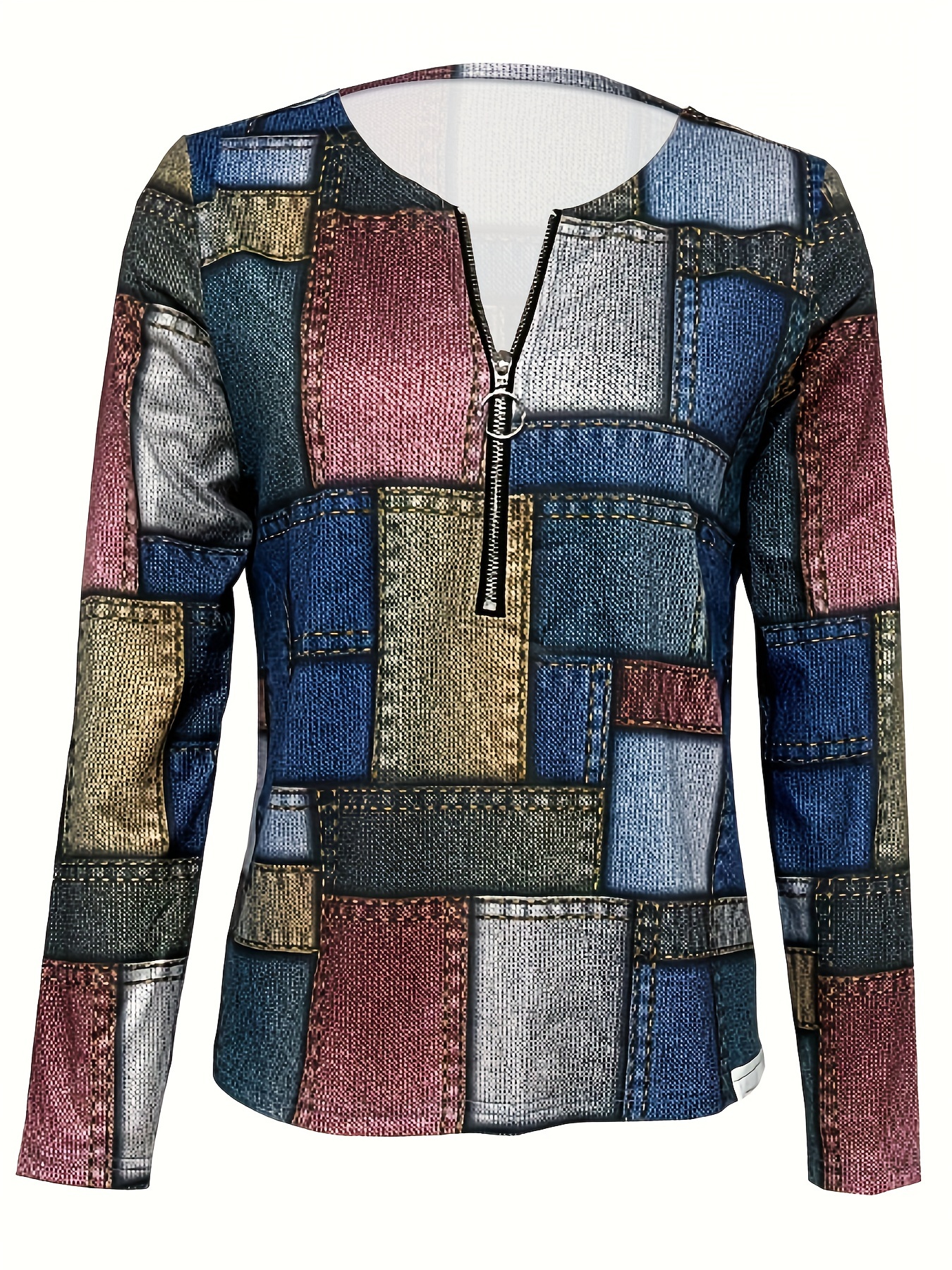 Women's Color Block Patchwork Print Half-Zip Long Sleeve Top