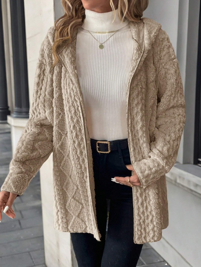 Khaki hooded fleece jacket for women Printed loose medium-length coat