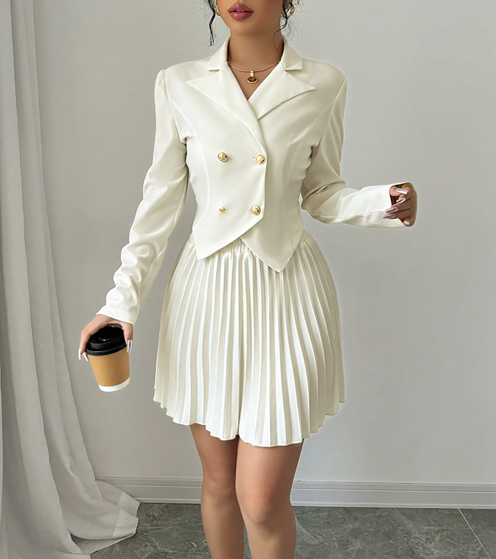 Women's White Double-Breasted Blazer and Pleated Mini Skirt Set