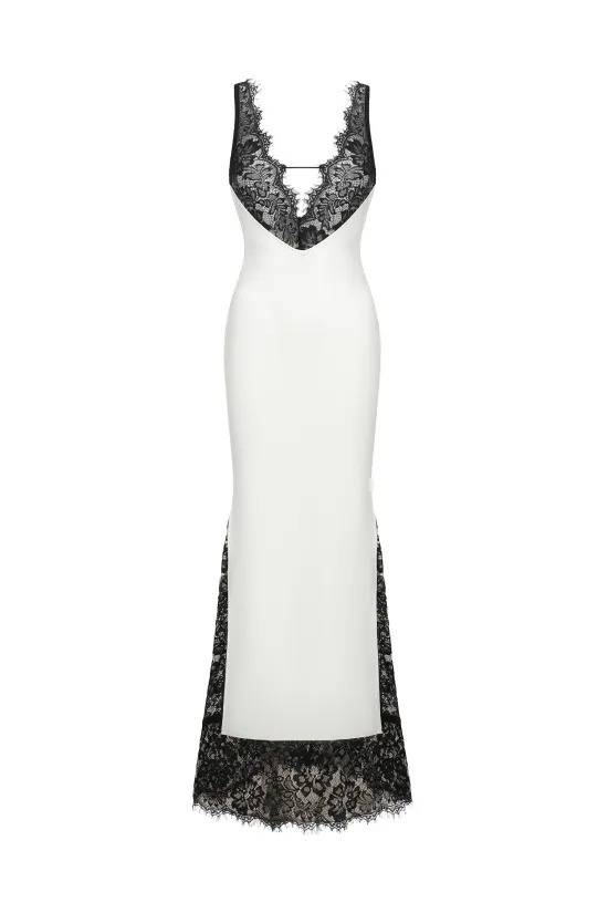 Glamorous Deep V Neck Black Lace Bodice Contrast Side Slit Maxi Dress