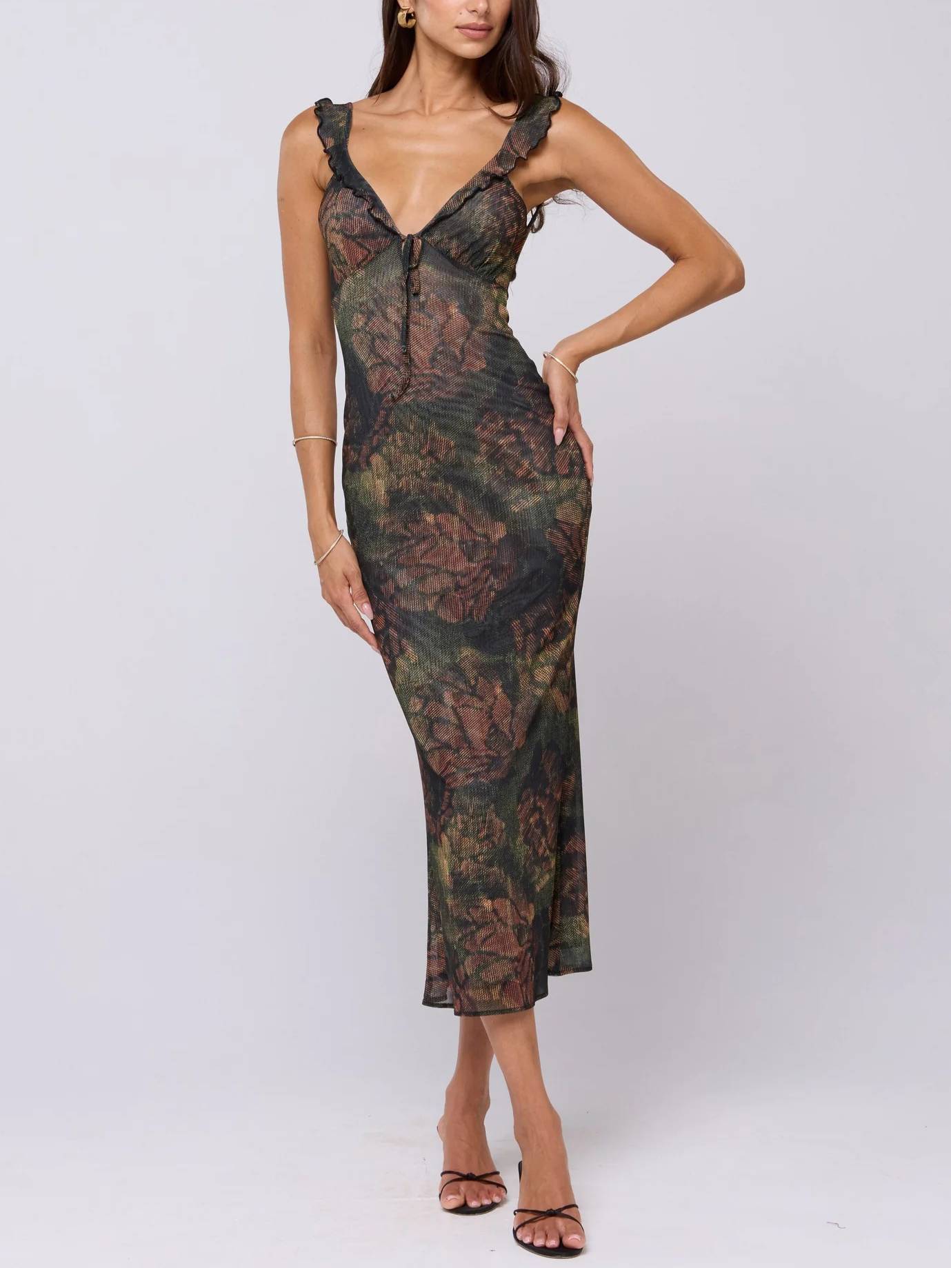 Spaghetti Strap Floral Print Ribbed Sheer Fishtail Hem Midi Dress