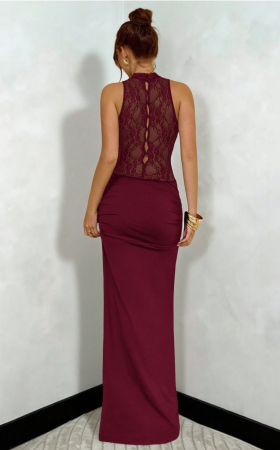 Woman's Burgundy Lace High Neck Sleeveless Bodycon Maxi Dress