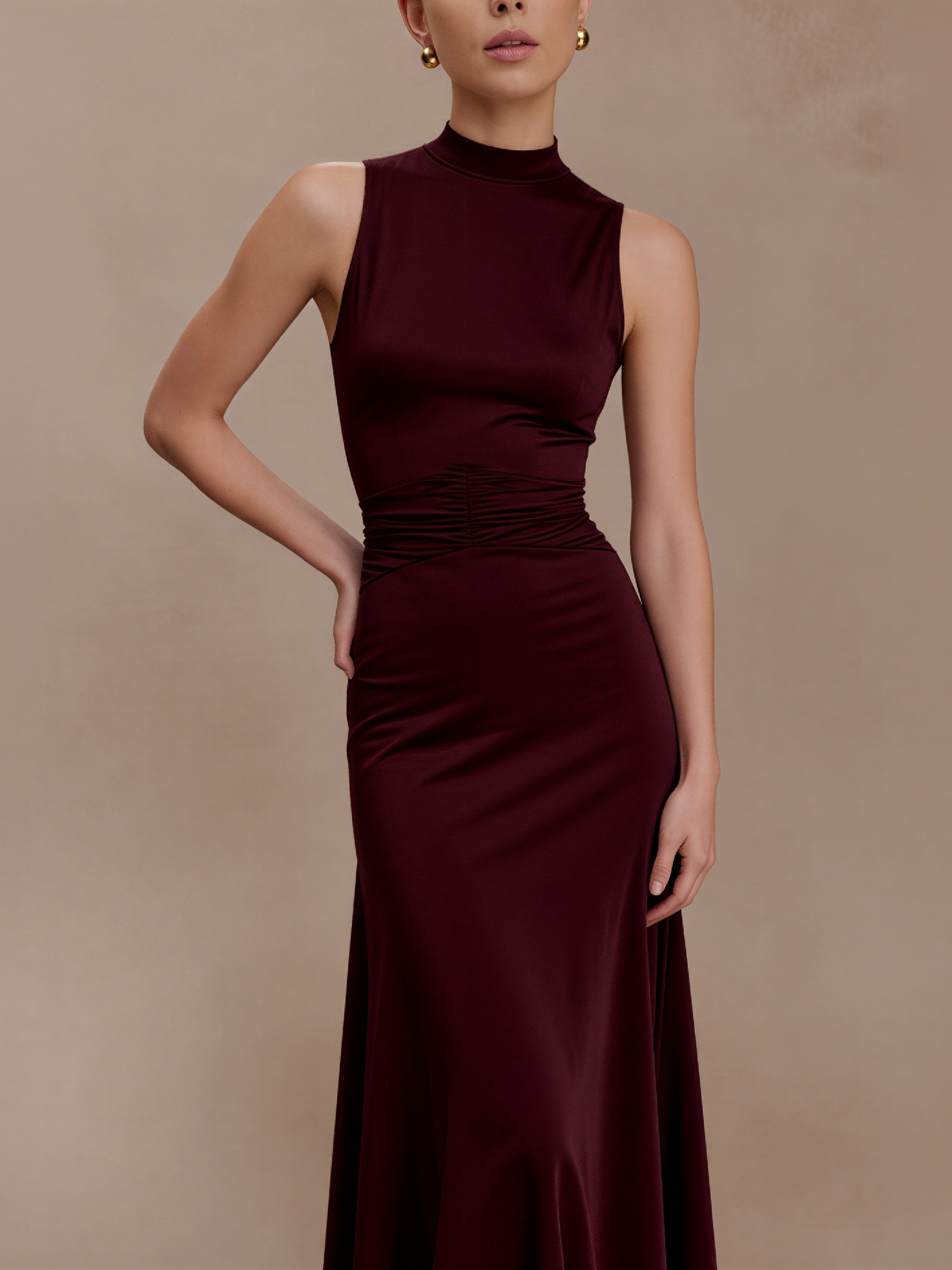 2026 Spring Summer Elegant Wine Red Evening Gown - Open Back & Halter Neck with Gathered Waist
