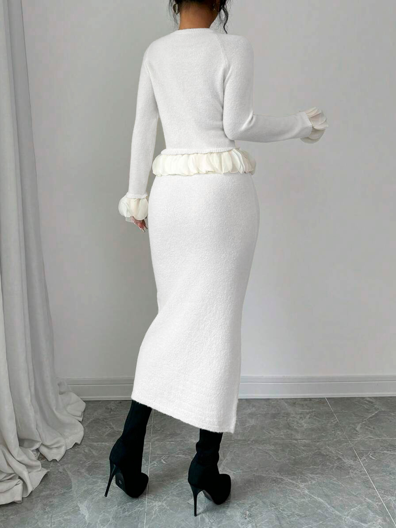 Women's White Knitted Cardigan with Gold Buttons, Ruffled Hem & Cuffs