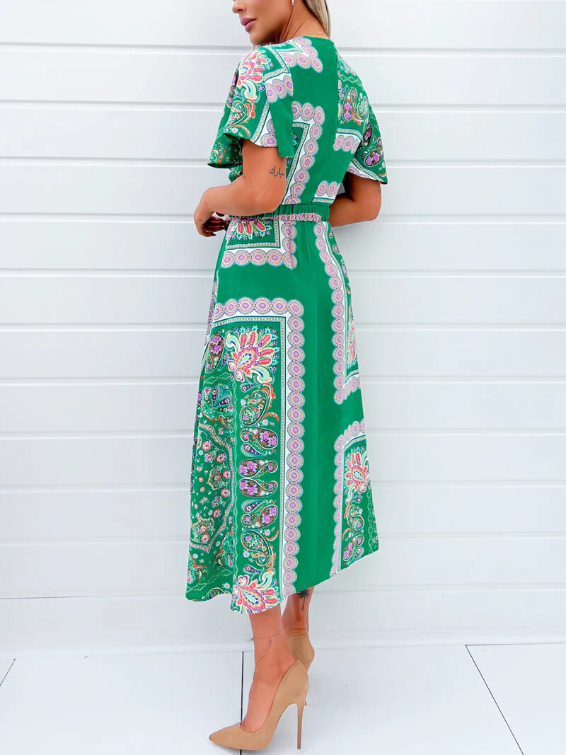 Green Paisley Printed Short Sleeve Belted Midi Dress