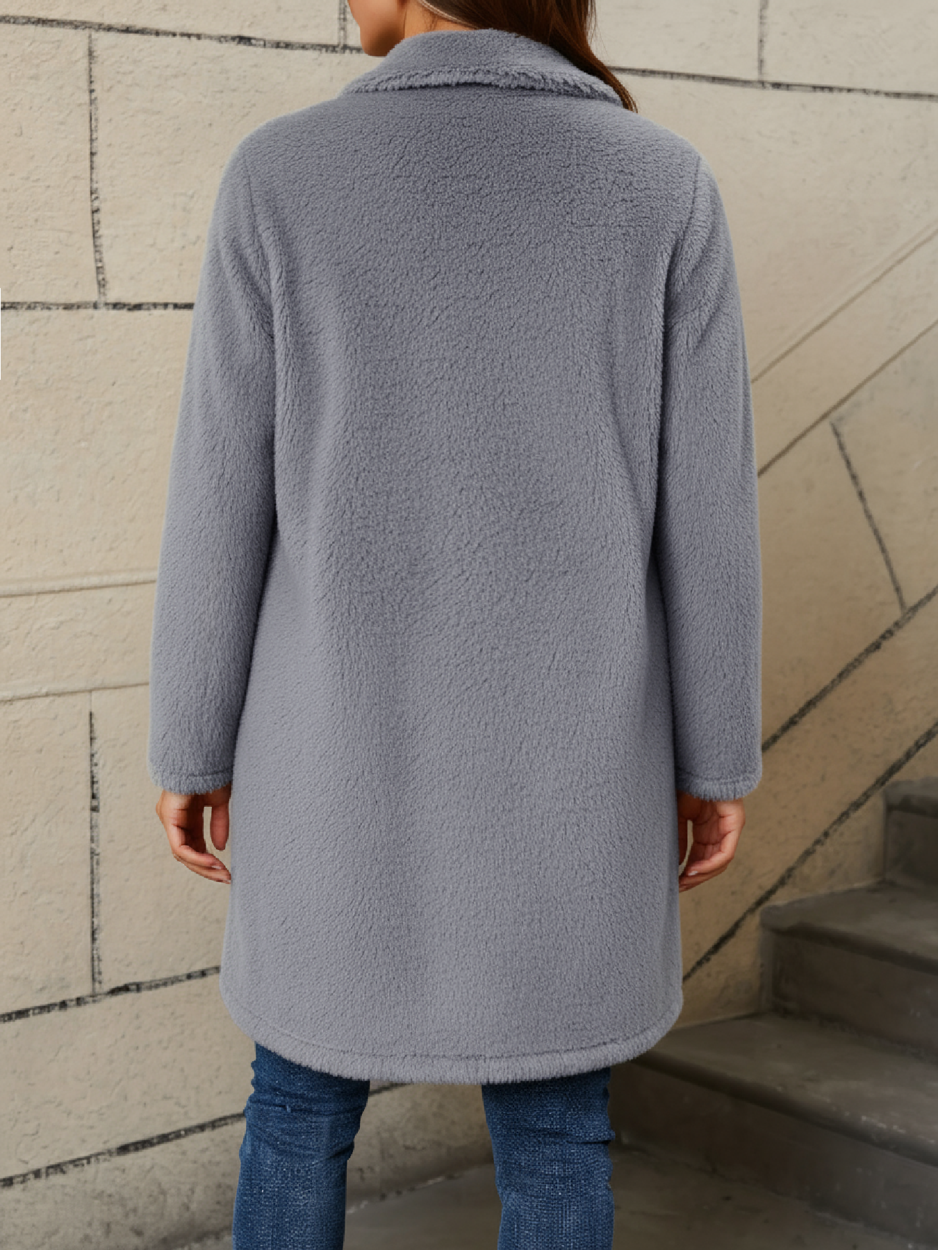 Women's Gray Fleece Zip-Up Longline Teddy Coat