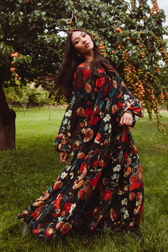 Long Balloon Sleeve Tiered Floral Print Oversized Maxi Dress