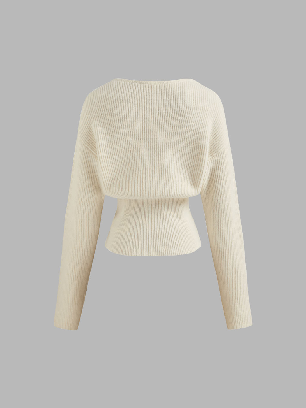 Women's Cream Cross V-Neck Sweater with Lace Trim, Ribbed Knit & Fitted Waist